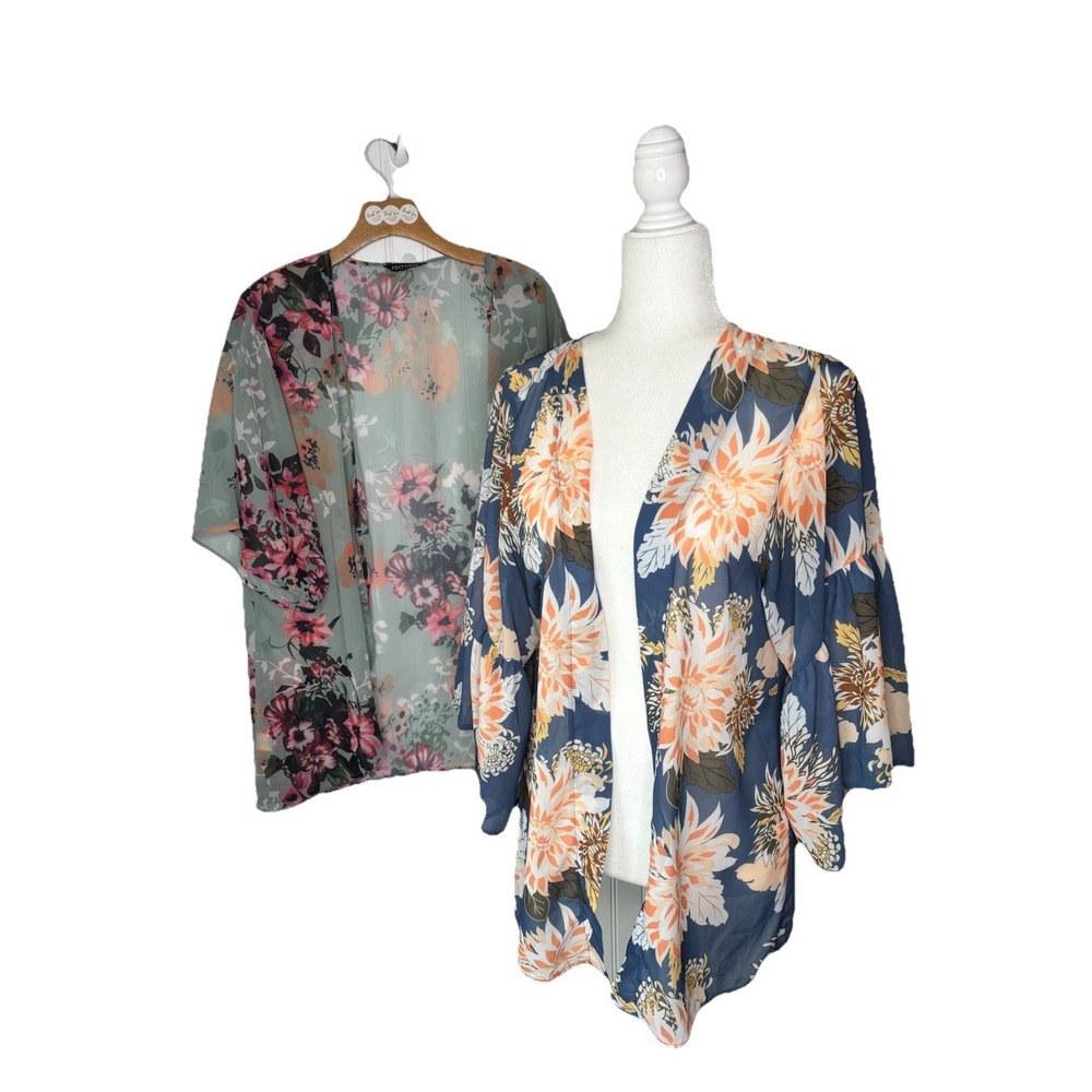 Kiminos Lot of 2 Floral Prints LG Open Front Cover-Up Beach Transitional